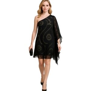 Ruby Rox One Shoulder Black Gold Sheer Chiffon Overlay. Size L.